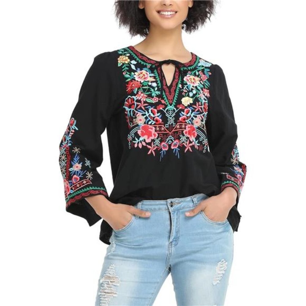 Black Floral Embroidered Long Sleeve Blouse Boho V Neck Tunic‎ Top - Picture 2 of 6